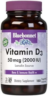 Bluebonnet Nutrition Vitamin D3 2000 IU Vegetable Capsule, Aid in Muscle and Skeletal Growth, Cholecalciferol from Lanolin, D3, Non GMO, Gluten Free