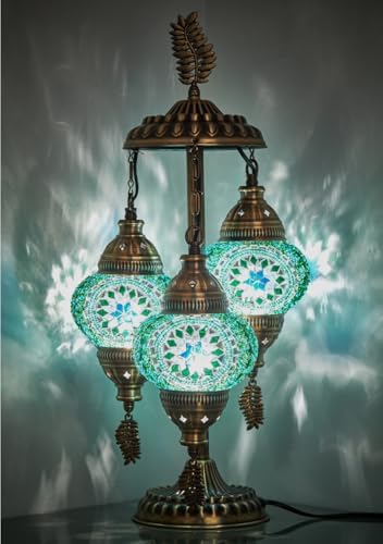 DEMMEX 3-Globe Turkish Moroccan Table Lamp, Tiffany Mosaic Glass Bedside Night Light, Handmade Colorful Mosaic Glass Globes & Antique Brass Finish Base, 21" H, Multicolor