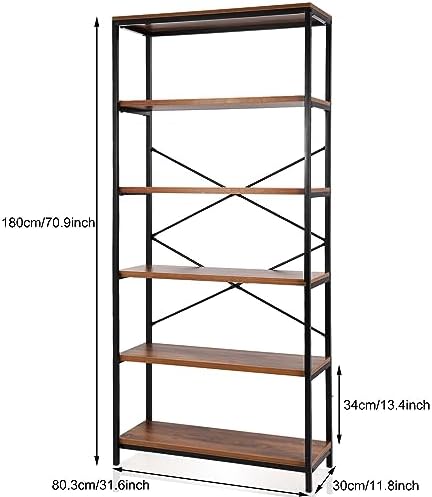 BATHWA Wood and Metal Minimalist 5 Tier Bookshelf, 6 feet Tall Open Rustic Wide Bookcase Industrial Style