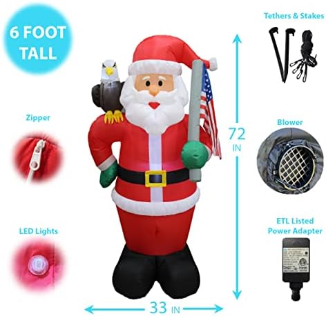 6 FT Patriotic Christmas Inflatable Santa Claus with Eagle & American Flag | Lighted Yard Blow-Up, Outdoor/Indoor Use, Self-Inflating Blower