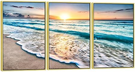 Wieco Art 3 Panel Blue Beach Canvas Wall Art for Home Decor Sunset White Wave Beach Pictures on Canvas Sea View Canvas Prints Artwork for Wall Decor