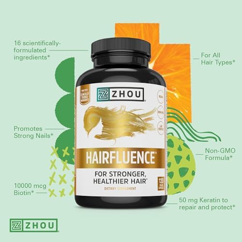 Zhou Hairfluence Supplement - 60 Veggie Capsules (Pack of 1) | Vegan Biotin Supplement for Hair Growth for Men & Women, Supports Stronger & Healthier Hair & Nails