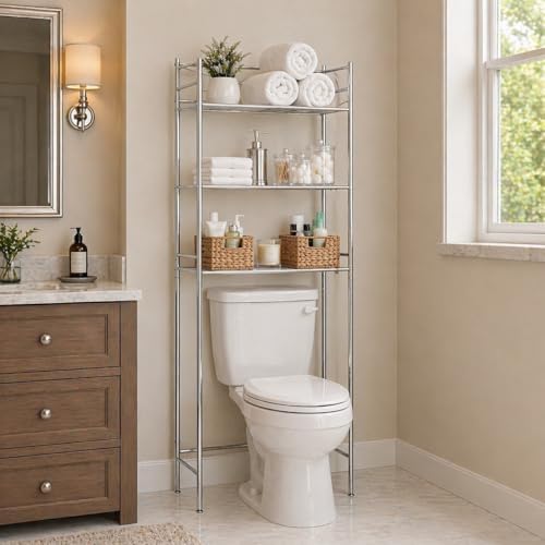 Honey-Can-Do 3-Tier Metal Bathroom Shelf Space Saver, Over The Toilet Storage Rack Organizer, Adjustable Chrome Wire Shelving Unit for Towels & Toiletries, 9.5 x 23 x 60 in