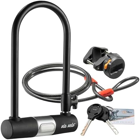 Bike U Lock with Cable - Via Velo Heavy Duty Bicycle U-Lock,14mm Shackle and 10mm x1.8m Cable with Mounting Bracket for Road, Mountain, Electric & Folding Bike