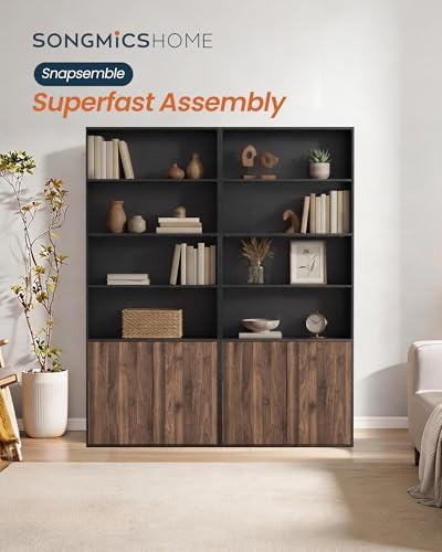 SONGMICS HOME Book Shelf, Snapsemble Superfast Assembly, 6-Tier Floor Standing Bookcase with Doors and Adjustable Shelves, 70.4 Inches Tall for Bedroom Study Living Room, Snow White
