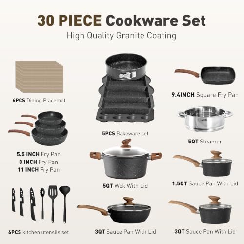 MAISON ARTS 30 Piece Pots and Pans Set, Kitchen Cookware Sets Non Stick | Induction Compatible, PFOA & PFOS Free, Bakeware Sets with Baking Tray, Frying Pan and Saucepan, Green