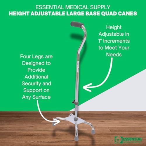 Essential Medical Supply Large Base Quad Cane in Silver - Height Adjustable Walking Cane