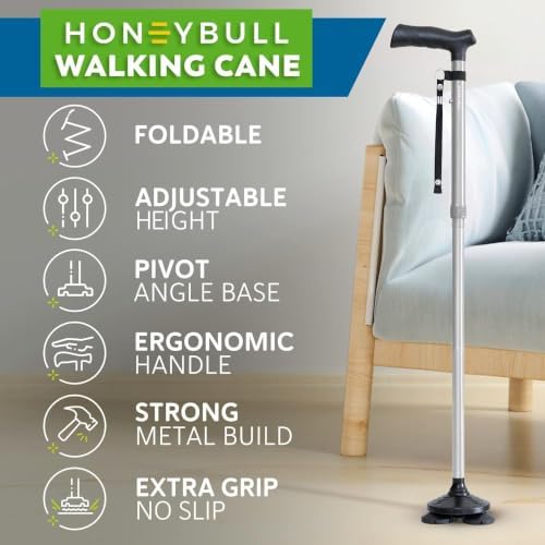 HONEYBULL Walking Cane for Men & Women, Foldable Free Standing Cane | Adjustable height, collapsible design, heavy-duty, pivot base for stable support, ergonomic handle
