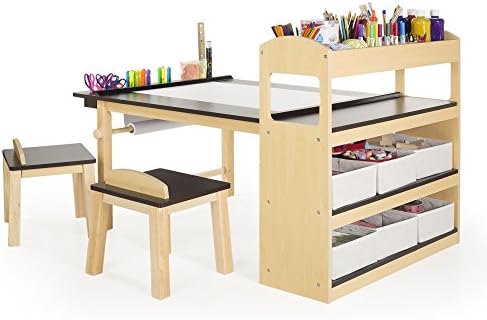 Guidecraft Deluxe Art Center: Kids' Montessori Art Table and Chairs Set with Storage Shelves, 6 Fabric Bins