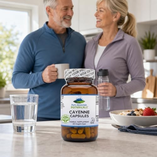 Pure Mountain Botanicals Cayenne Pepper Capsules - 500mg Organic, 90 Ct | Vegan, Kosher Certified, Gluten-Free, Capsaicin 40000-60000 HU