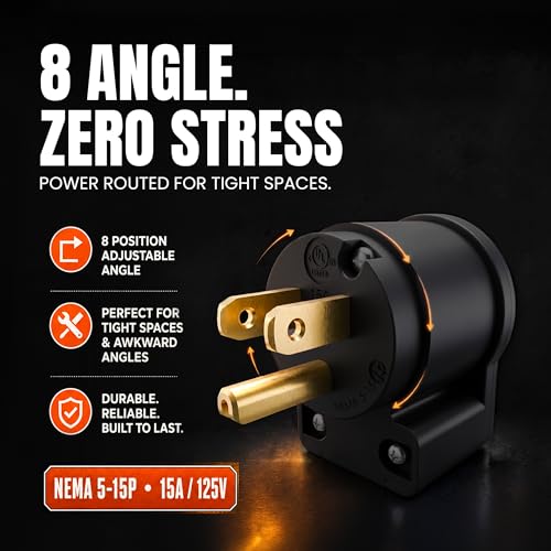 515AN 90 Degree Right Angle Male Plug, 15 Amp 120v 125 Volt NEMA 5-15P, 2Pole 3Wire, Straight Blade Replacement Electrical Plug Extension Cord End - Commercial Grade 15A (Black, 1-PACK)