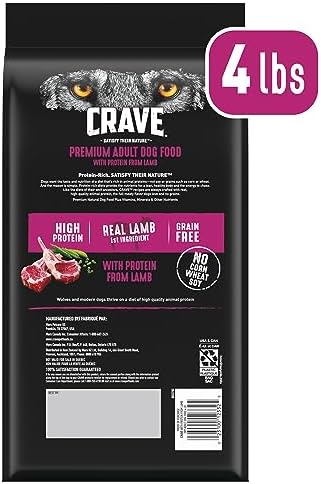 CRAVE Grain Free High Protein Natural Adult Dry Dog Food, Lamb, 4 lb | 34% protein, real animal protein, no by-product meal, no corn, wheat, soy, no artificial flavors, energy support