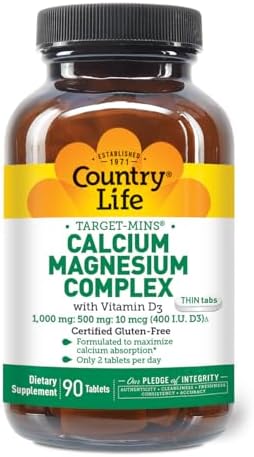 Country Life Target-Mins Calcium Magnesium with Vitamin D, 240 Capsules | 1,000 mg calcium, 500 mg magnesium and 10 mcg vitamin D per serving for bone health and calcium absorption