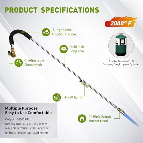 KOMAN Weed Torch Propane Burner, 35" Long Arm, Self-Ignition, Fuel by 1LB /5-40LB Propane Tank, for Roofing, Weeding