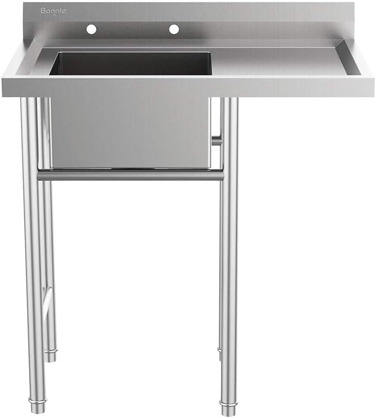 Bonnlo 304 Stainless Steel Utility Sink with Drainboard, One Compartment Workbench Sink Commercial Sink for Restaurant, Laundry Room, Backyard
