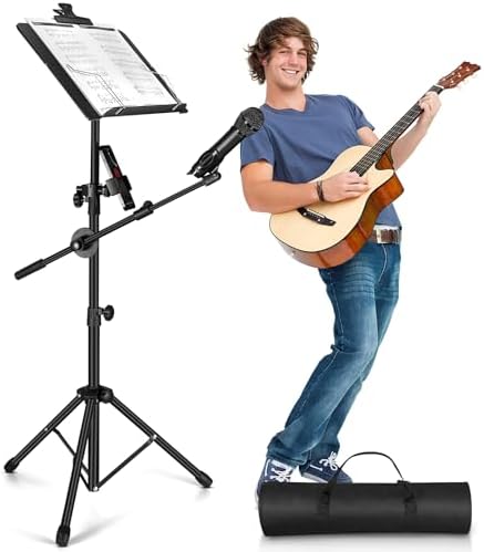 Music Stand, Vangoa Folding Sheet Music Stand with Detachable Microphone Stand & Phone Holder, Portable Lightweight with Music Sheet Clip Holder & Carrying Bag for Instrumental Performance