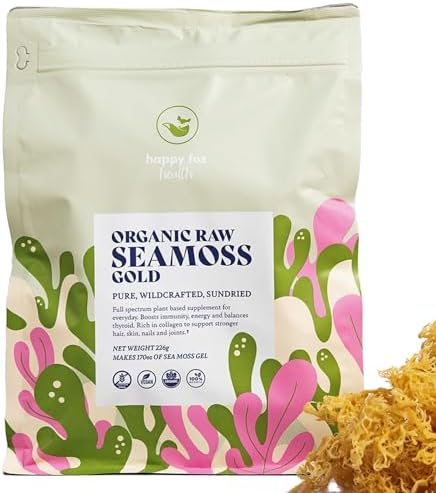 HAPPY FOX Organic Sea Moss Raw Gold - Makes 75oz of Seamoss Gel Rich in Vitamins & Minerals, Certified Non-GMO, Wildcrafted, Sundried Superfood - 3.5 oz Bag