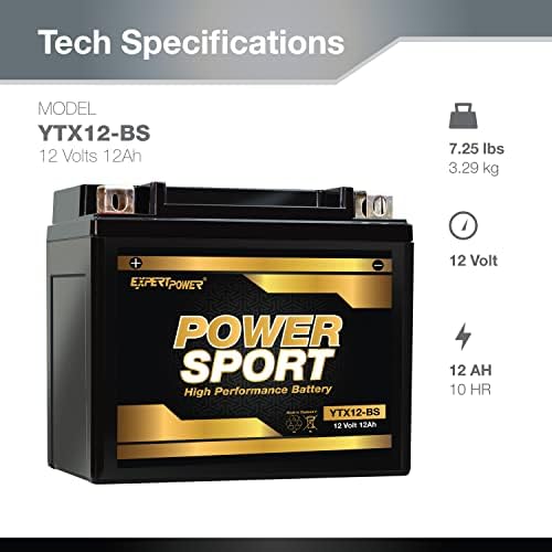 ExpertPower YTX12-BS AGM Motorcycle Battery 12V 12Ah Powersports ATV Battery - Sealed Lead Acid, Maintenance-Free for Motorcycles & UTVs, Recon