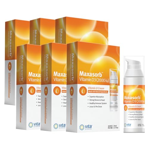 Vita Sciences Maxasorb Vitamin D3 Cream 2,000 IU, Topical Formula - 1.7 Oz | Delivers 2,000 IU of Topical Vitamin D3 Cream Per Pump - Fast-absorbing, Non-greasy, Paraben-Free Daily Skin Moisturizer.