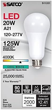 Satco S11332 LED A21 Lamp, 5000K, 220 deg. Beam Angle , White