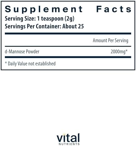 Vital Nutrients Mannose Powder 50g - Vegan D-Mannose Supplement for Urinary Tract and Bladder Support - Gluten, Dairy, Soy Free - Non-GMO - 25 Servings