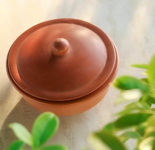 Swadeshi Blessings HandMade Unglazed Clay Pot for Cooking with Lid,2.5L,Red