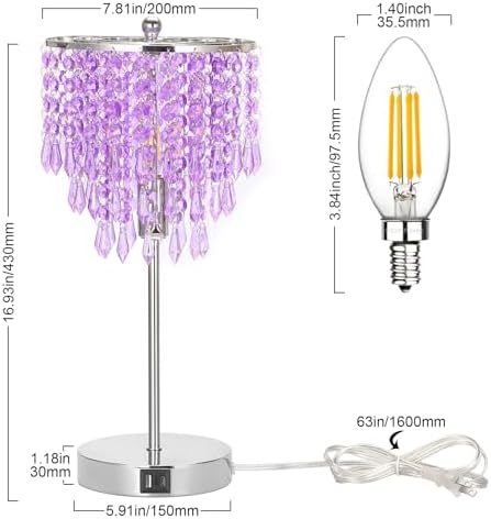 Touch Control Crystal Table Lamp with USB C+A Charging Ports, 3-Way Dimmable Bedside Touch Lamp Decorative Nightstand Lamp with Elegant Lampshade for Living Room Bedroom, B11 LED Bulb Included
