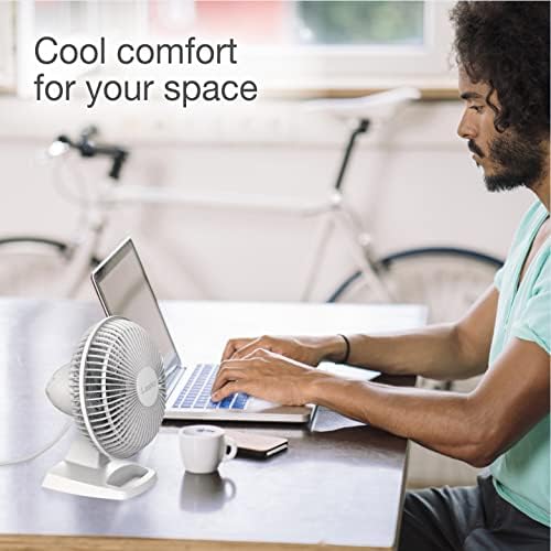 Lasko Personal Table Fan with Storage Tray, 2 Quiet Speeds, Tilt-Back Fan Head for Home Office, Bedroom, 6", White, 2002W