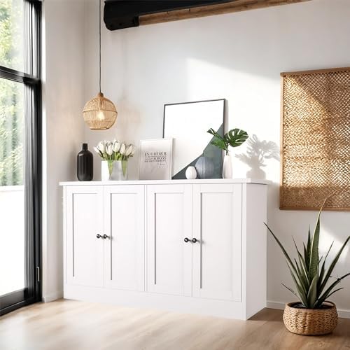 holzart White Buffet Cabinet with Storage, 49" Modern Kitchen Sideboard with 4 Doors & Adjustable Shelves, Wood Coffee Bar Cabinet Console Table for Dining Room, Living Room, Entryway