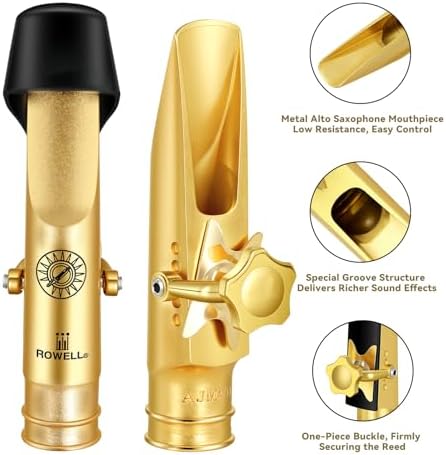 ROWELL Alto Saxophone Metal Mouthpiece Jazz Sax Mouthpiece- 5-Level Adjustable Ligature & Protective Cap Rich Full Tone -Ideal for Jazz, Bebop