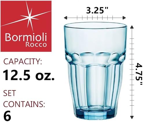 Bormioli Rocco Rock Bar 12.5 oz. Long Drink Stackable Tempered Beverage Glasses for Cold Drinks, Water, and Cocktails, Set of 6, Ice Blue