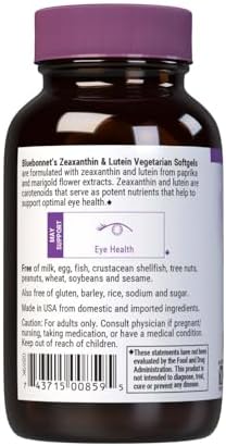 Bluebonnet Nutrition Zeaxanthin & Lutein, Eye Health*, Gluten-Free, Dairy-Free, 60 Vegetarian Softgels, 60 Servings | Eye Health; Vegetarian, Gluten-Free, Dairy-Free