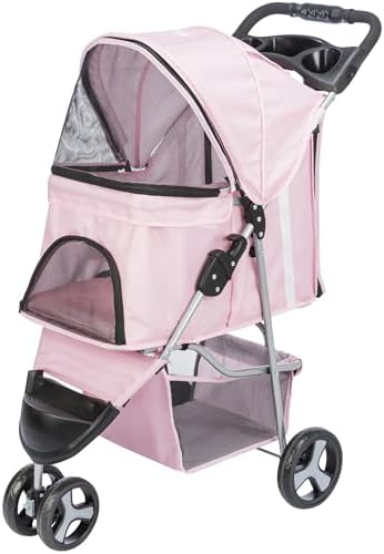 TRIXIE Foldable Pet Stroller for Cats and Dogs, Pet Carrier Strolling Cart with Weather Cover, Storage Basket, Cup Holder, Black | Lightweight, Compact and Portable, Easy to Travel