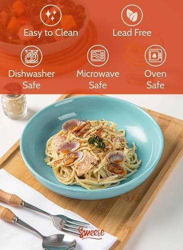 Sweese 22oz Porcelain Pasta Bowls Set of 6-7.6 Inch White Salad Serving Plates, Microwave Dishwasher Safe Dinnerware