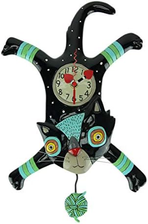 Enesco Allen Designs Craft Attack Cat with Yarn Sculpted Pendulum Wall Clock, 16.25 Inch, Multicolor