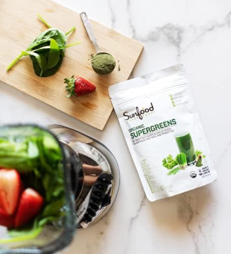 Sunfood Superfoods Organic Supergreens Blend - Greens Superfood Powder, Daily Green Juice Powder, Vegetable Smoothie Drink Mix with Chlorella, Spirulina, Alfalfa, Kale, & More - 8 oz Bag