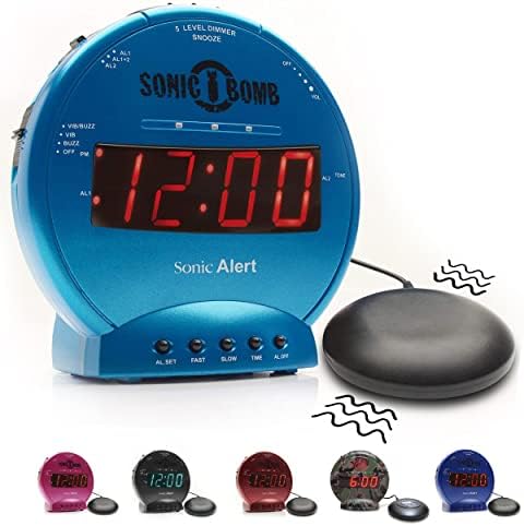 Sonic Bomb Dual Extra Loud Alarm Clock with Bed Shaker, Black | Sonic Alert Vibrating Alarm Clock Heavy Sleepers, Battery Backup | Wake with a Shake