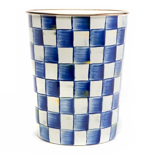 MACKENZIE-CHILDS Waste Bin, Black-and-White Courtly Check | Hand-painted design, made from enameled steel, decorative bedroom or bathroom trash can, 8" dia. x 9.5" H