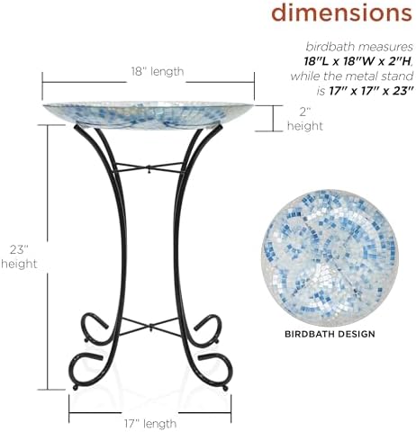 Alpine Corporation 24" Tall Outdoor Floral Mosaic Glass Birdbath with Metal Stand and Detachable 18 Inch Diameter Bowl, Garden Decor