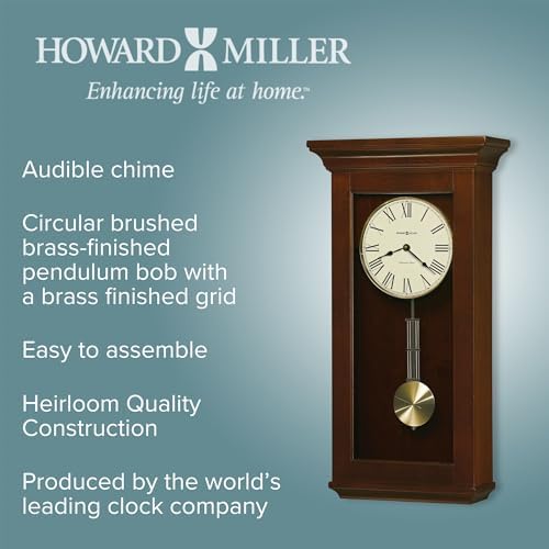 Howard Miller Continental Wall Clock – Westminster Chime, Brass Pendulum, Roman Numerals, Automatic Night Shutoff, Wood Finish