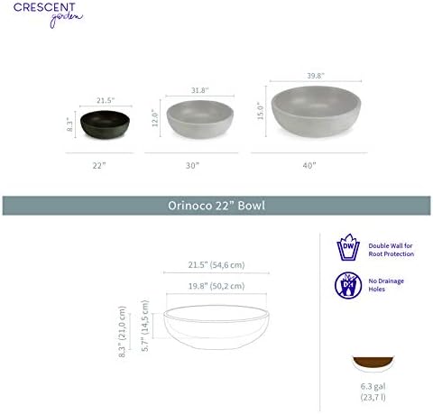 Crescent Garden Orinoco Planter Bowl – Double-Walled Resin Pot for Succulents, Flowers Without Drain Hole - 21" W x 8.25" H (Weathered Concrete)