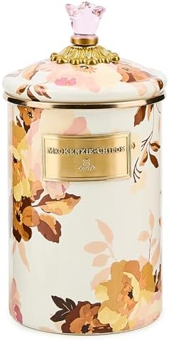 MACKENZIE-CHILDS Enamel Canister, Large, White Butterfly Garden | Hand-applied design, made from enameled steel, versatile kitchen storage container for flour and sugar, 64-ounce capacity