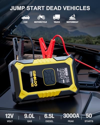 GOOLOO A3 12V 3000A Portable Jump Starter with Air Compressor | Supersafe Car Battery Booster Pack (9L Gas/6.5L Diesel) - BOOST for Dead Battery - 150 PSI Auto-Off Tire Inflator - LED Light