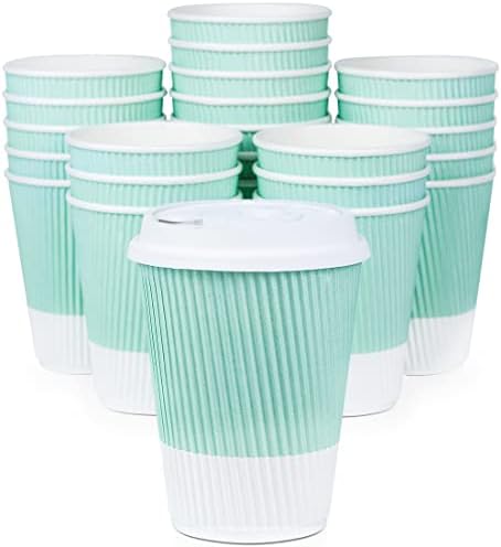 Disposable Coffee Cups With Lids - (80 set) 12 oz Paper To Go Coffee Cups With Resealable Lids Prevent Leaks! Travel Insulated Hot Beverage Drink Cup. Will Not Bend With Heat or Burn Fingers