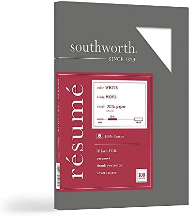 Southworth® 100% Cotton Résumé Paper, 8 1/2" x 11", 32 Lb, 100% Recycled, White, Pack of 100