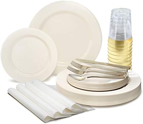 OCCASIONS 50 Ivory Disposable Plastic Plates for 25 Guests (Plain Ivory) | Heavy Duty Fancy Wedding Party Dinner & Salad/Dessert Set, 25x10.5" + 25x7.5", China-Like Look, BPA Free & Recyclable