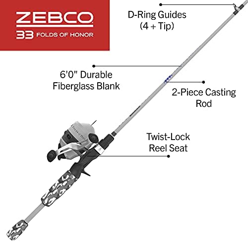 Zebco 33 Folds of Honor Spincast Reel and 2-Piece Fishing Rod Combo, 6-Foot Fiberglass Rod, Quickset Anti-Reverse Fishing Reel with Bite Alert