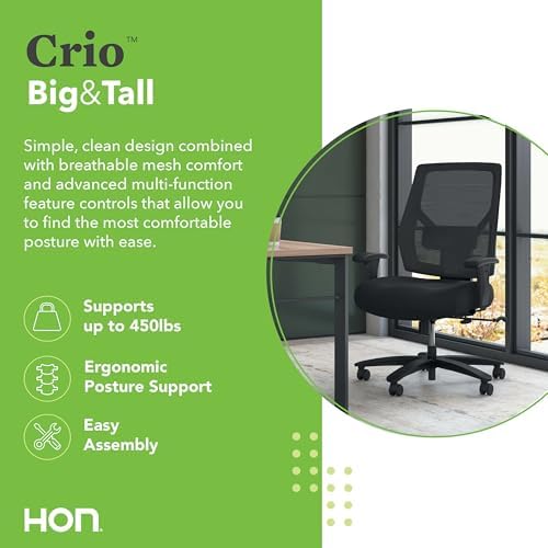 HON Crio Big and Tall Ergonomic Office Chair, Heavy Duty Desk Chair, Black | Big and tall ergonomic office desk chair for desk work, lumbar support, adjustable arms, mesh comfort, 450 lb capacity