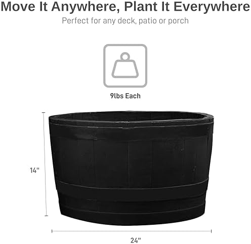RTS Companies Home Accents 24" Whiskey Barrel Planter, Durable Polyethylene Indoor/Outdoor Flower Pot, Weather-Resistant Plastic Garden Planter, Black, 1-Pack