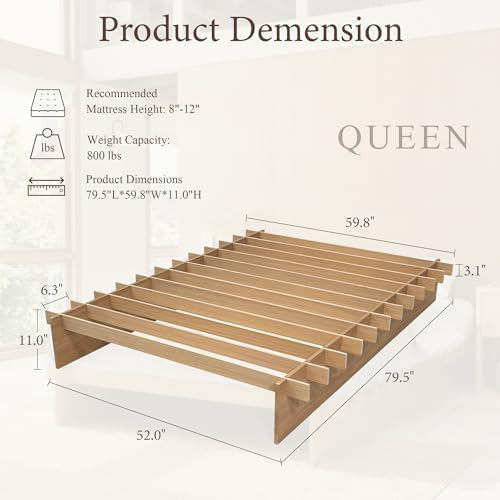Brafab Tooless Queen Bed Frame, Wooden Japanese Joinery Platform Bed Frame | Wood Slat Support, Assembly in 10 Min, 8" Underbed Storage, No Box Spring Needed, Noise Free, Kid-Friendly Design, Natural